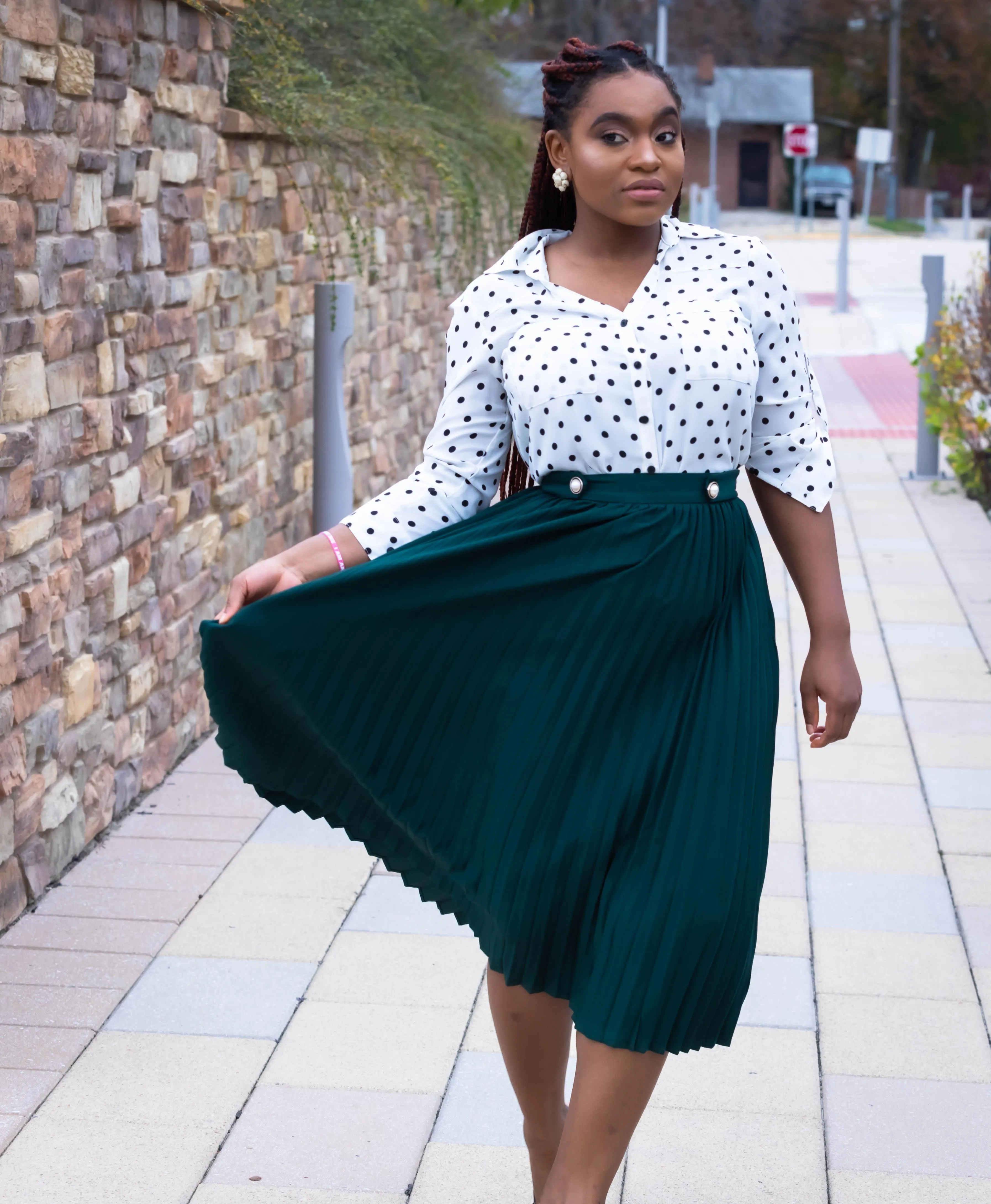 Green Pleated Midi Skirt