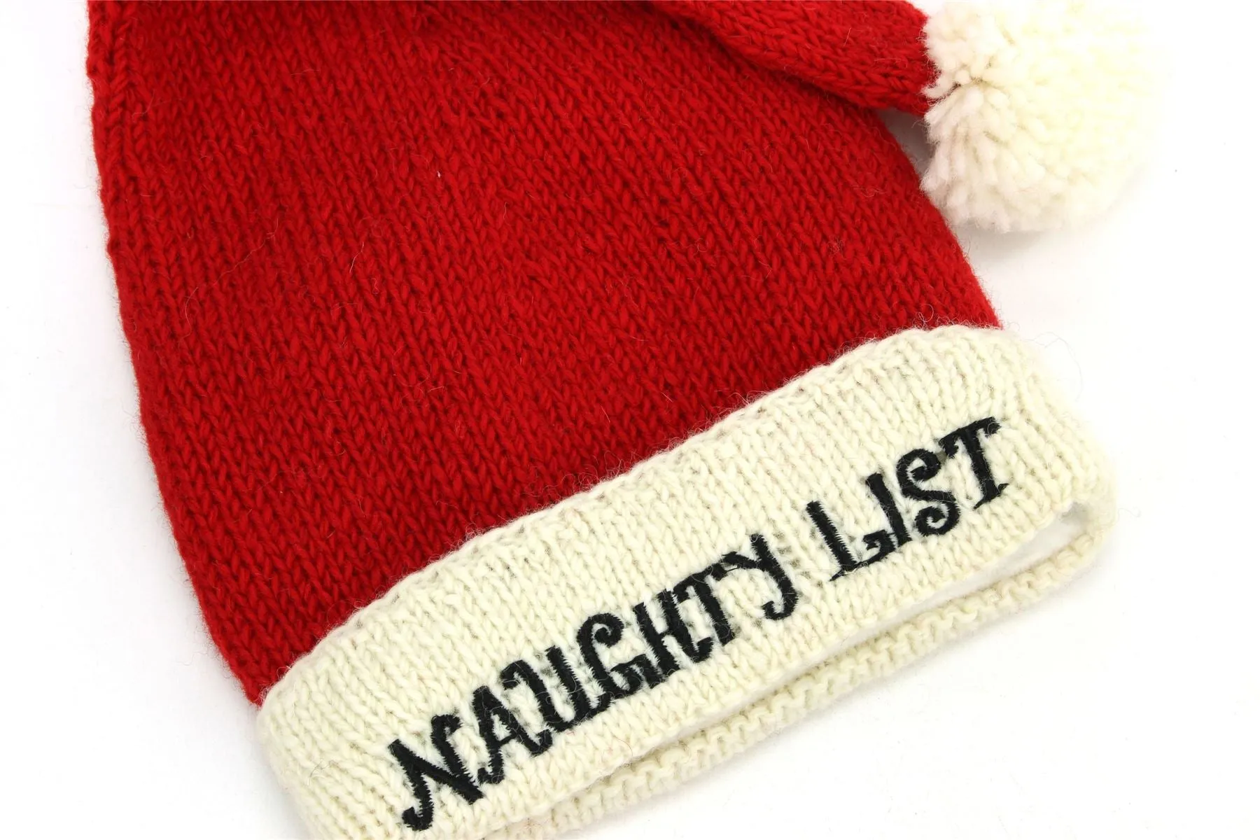 Hand Knitted Wool Christmas Beanie Hat - Naughty List Red