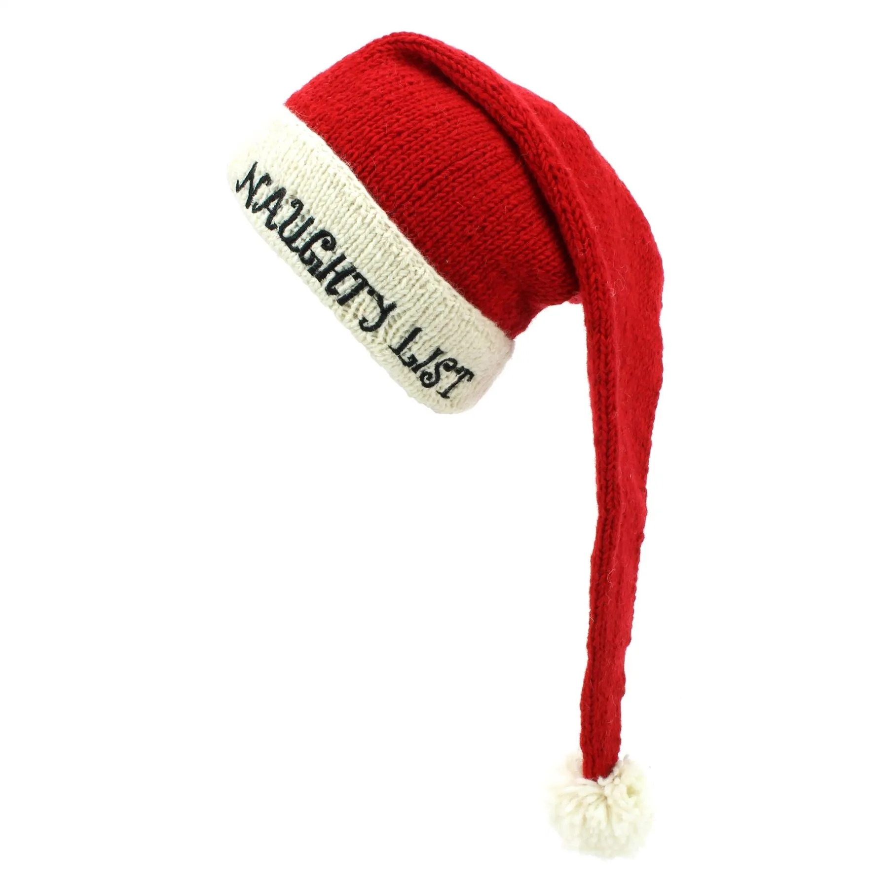 Hand Knitted Wool Christmas Beanie Hat - Naughty List Red