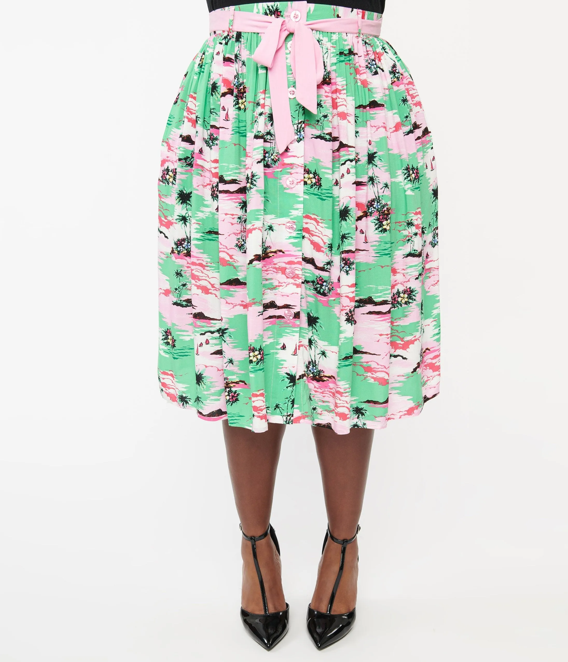 Hell Bunny Plus Size Pink & Green Tropical Print Midi Skirt