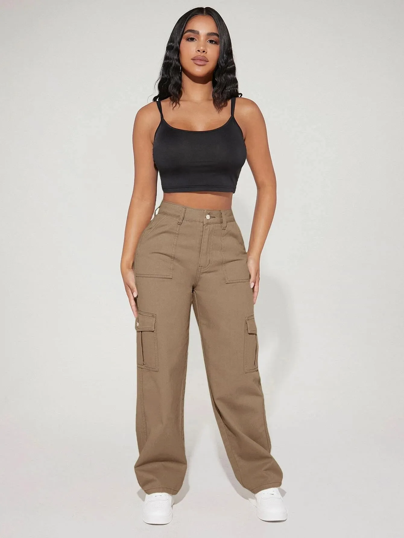 High Waist Flap Cargo Jeans