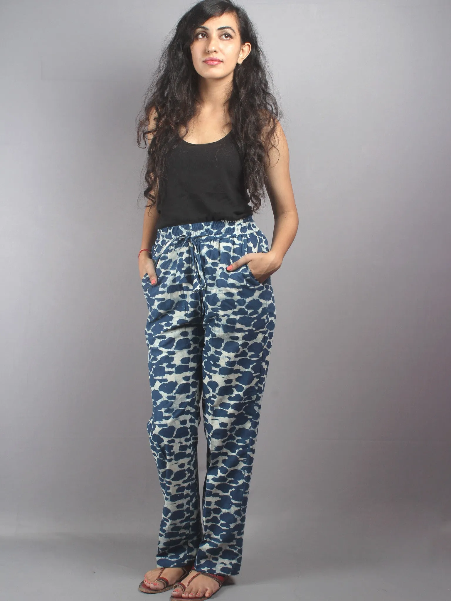 Indigo Hand Block Printed Elasticated Waist Trousers- T0317021