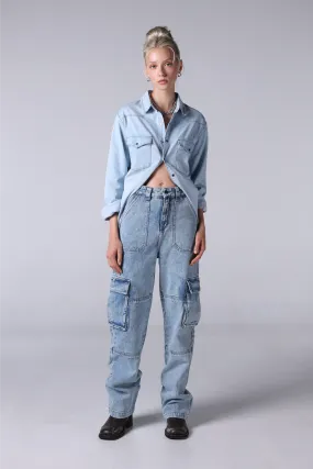 Jack Russel - Women Cargo Jeans - Handwerk JF-150 Straight Fit Bleached Look Blue High Waisted