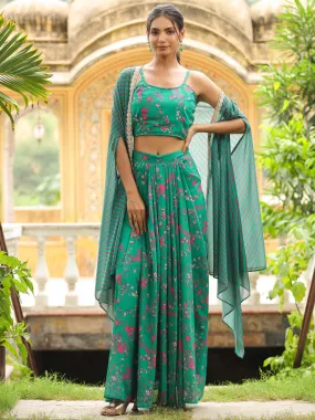 Janasya Green Georgette Floral Cape Set