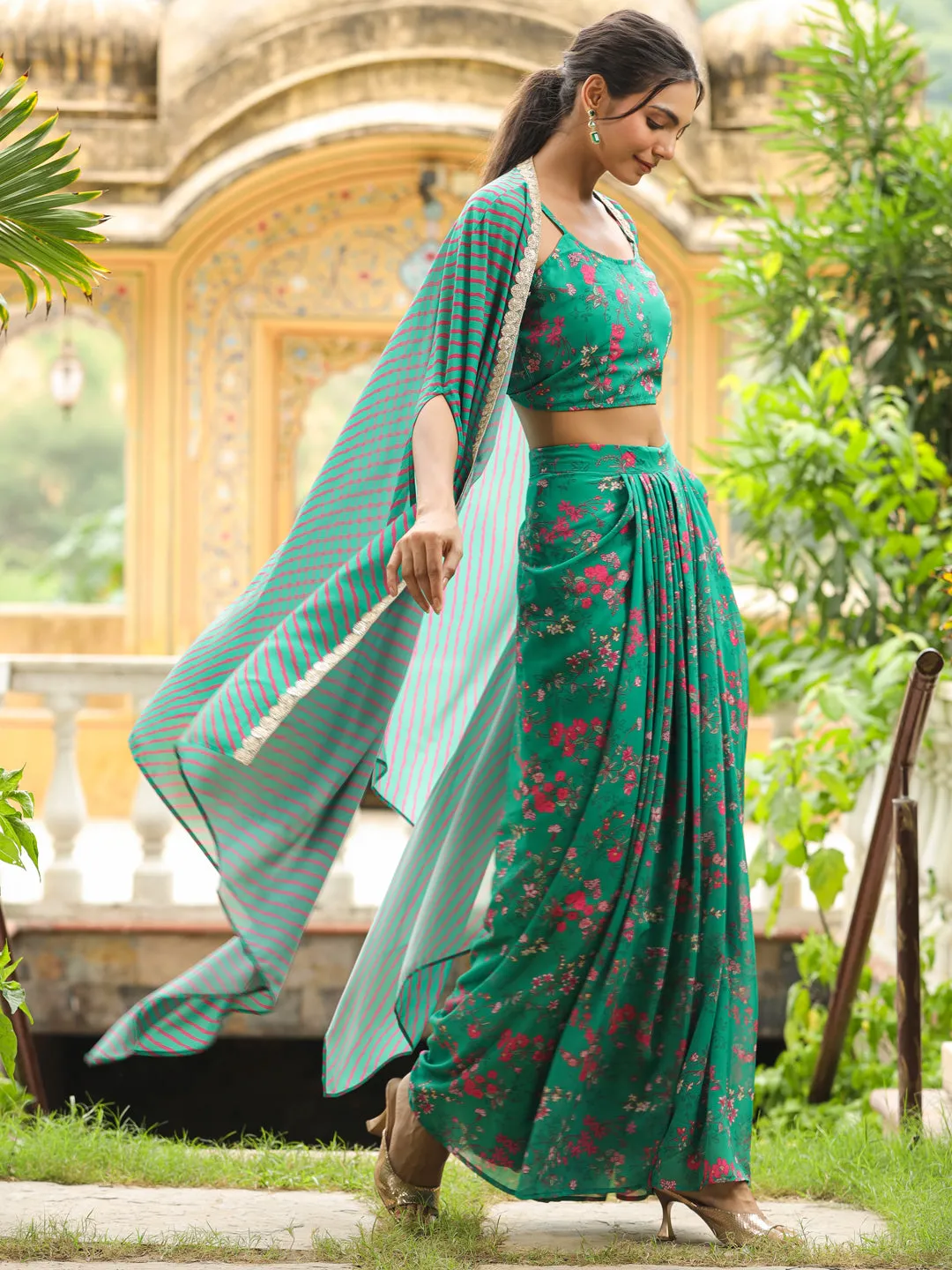 Janasya Green Georgette Floral Cape Set