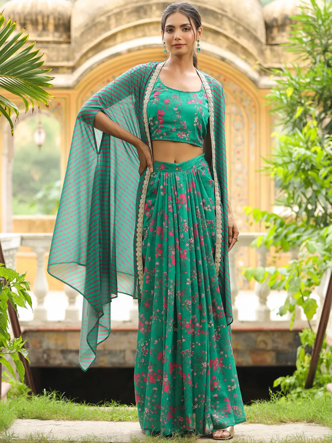 Janasya Green Georgette Floral Cape Set