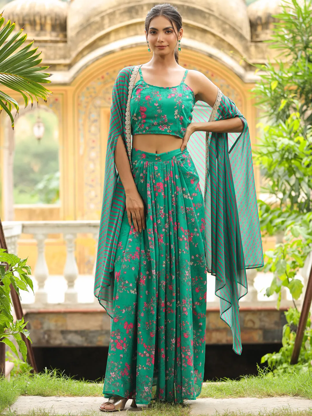 Janasya Green Georgette Floral Cape Set