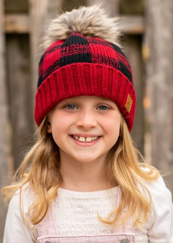 Kids Red/Black Buffalo Plaid Pom Beanie