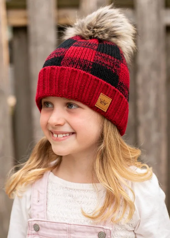 Kids Red/Black Buffalo Plaid Pom Beanie