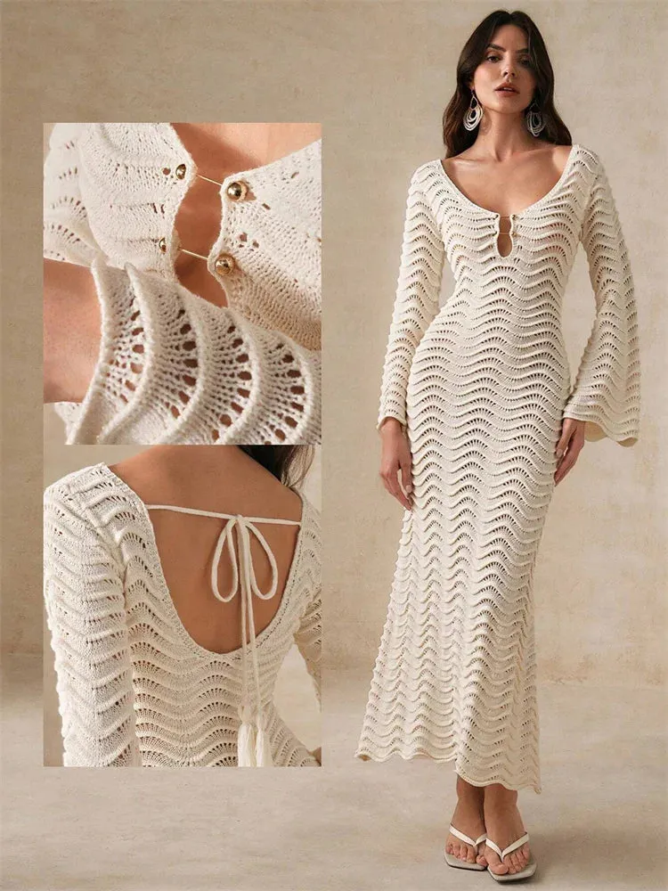 Knit Hollow-Out Loose Patchwork Lace-Up Summer Dress