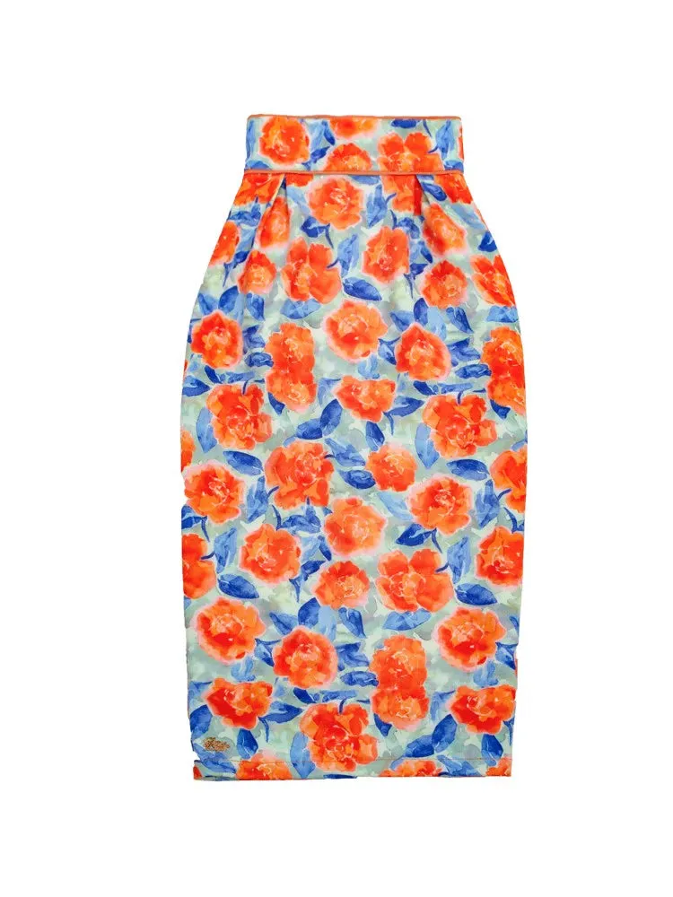 Le Palais Vintage Elegant Orange Flower Design High Waist Slim Fit Pencil Skirt-Sara