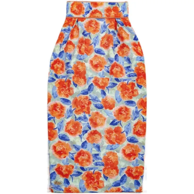 Le Palais Vintage Elegant Orange Flower Design High Waist Slim Fit Pencil Skirt-Sara