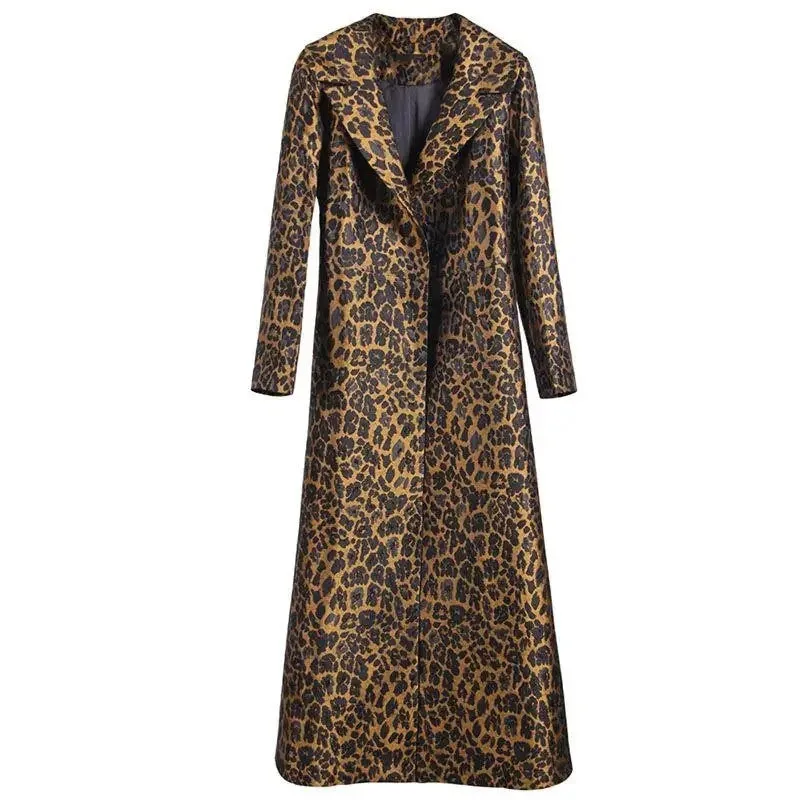 Leopard  Print Slim Long Trench Coat with  Pockets &  Belt