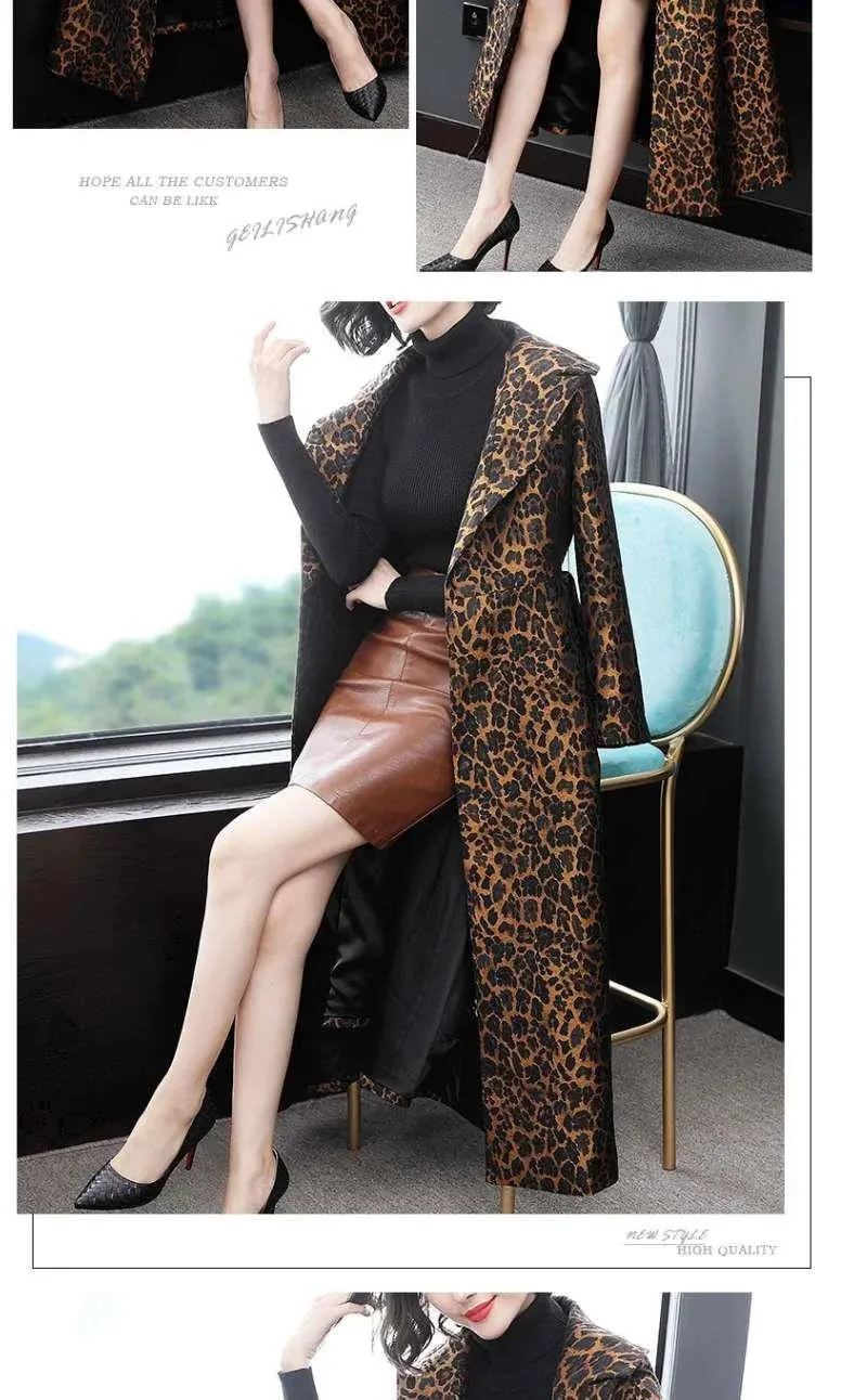 Leopard  Print Slim Long Trench Coat with  Pockets &  Belt