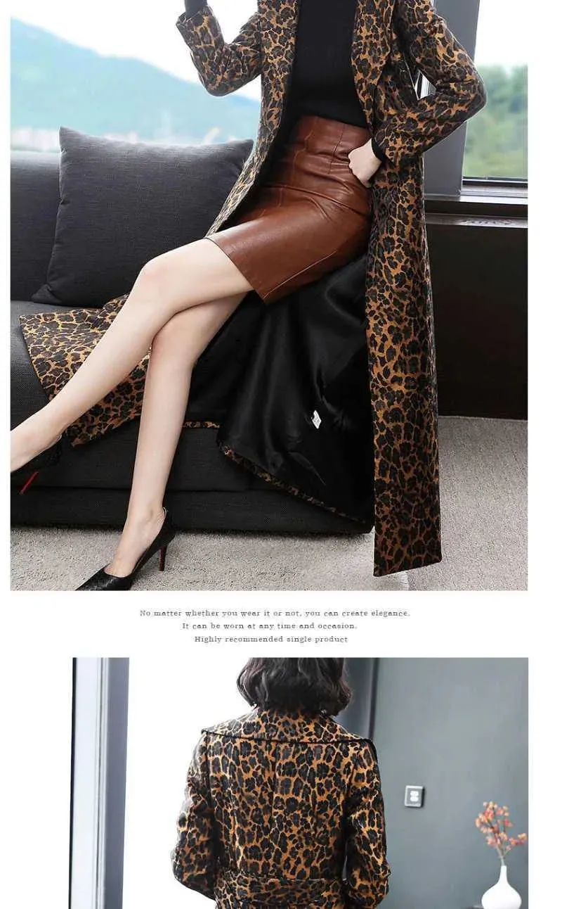 Leopard  Print Slim Long Trench Coat with  Pockets &  Belt