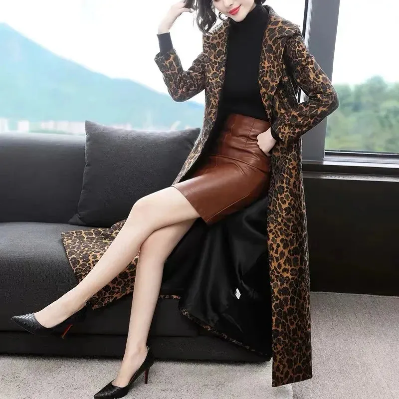 Leopard  Print Slim Long Trench Coat with  Pockets &  Belt