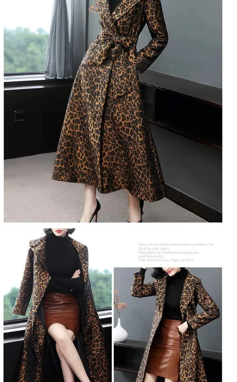 Leopard  Print Slim Long Trench Coat with  Pockets &  Belt