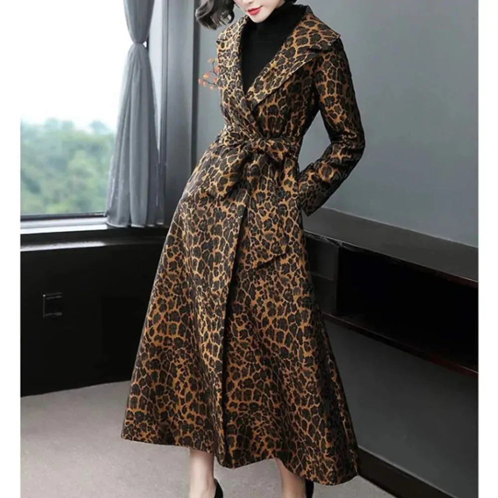 Leopard  Print Slim Long Trench Coat with  Pockets &  Belt