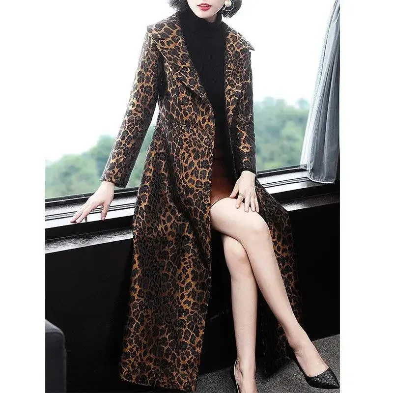 Leopard  Print Slim Long Trench Coat with  Pockets &  Belt