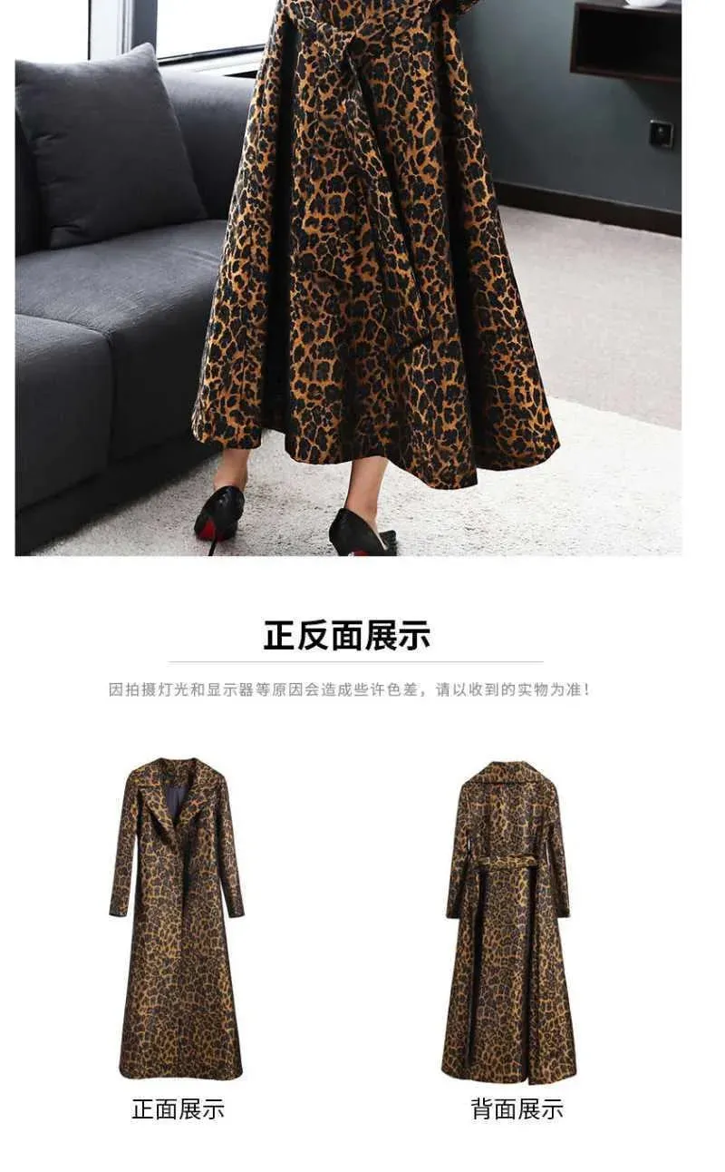 Leopard  Print Slim Long Trench Coat with  Pockets &  Belt