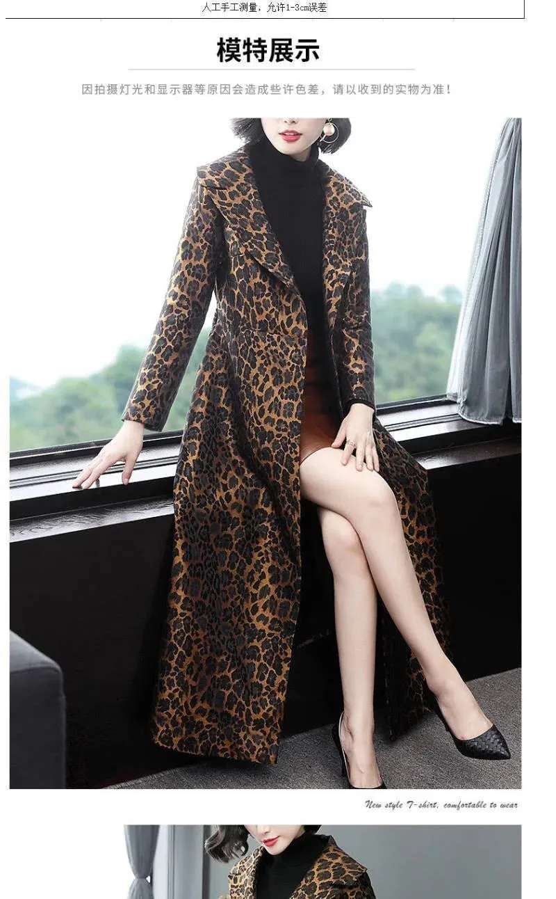 Leopard  Print Slim Long Trench Coat with  Pockets &  Belt