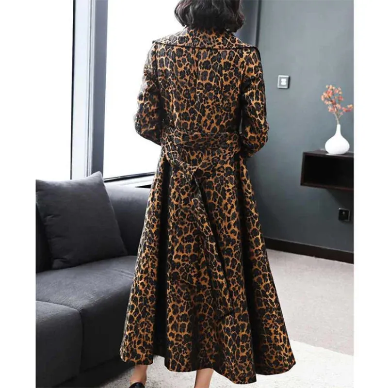 Leopard  Print Slim Long Trench Coat with  Pockets &  Belt