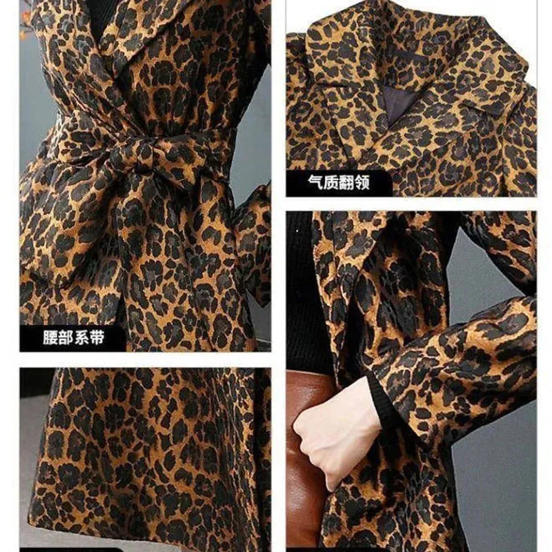 Leopard  Print Slim Long Trench Coat with  Pockets &  Belt