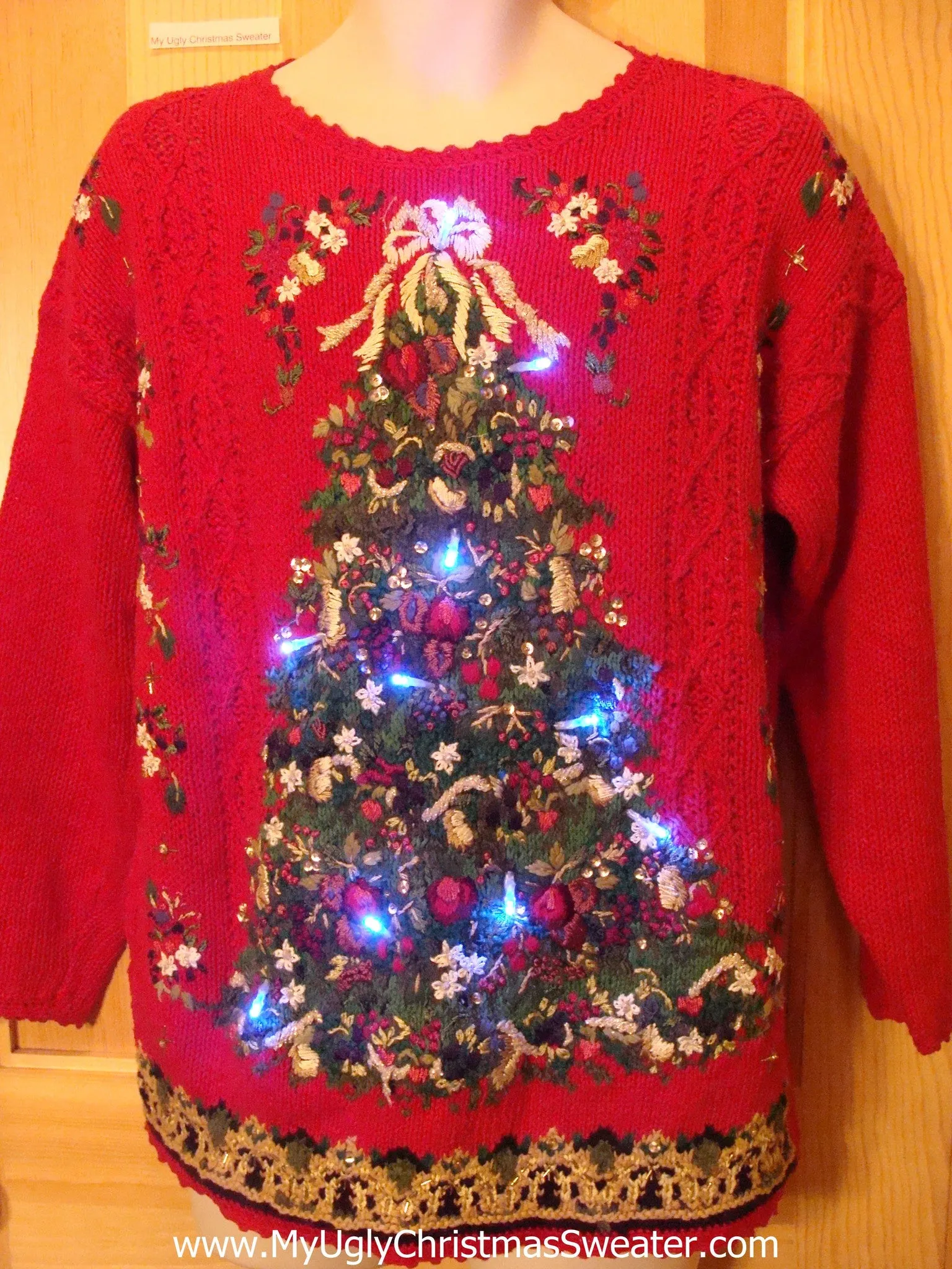 Light Up Red Ugly Christmas Sweater with 80s Tree