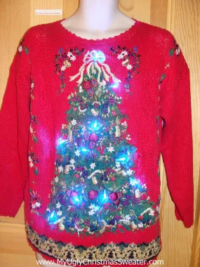 Light Up Red Ugly Christmas Sweater with 80s Tree