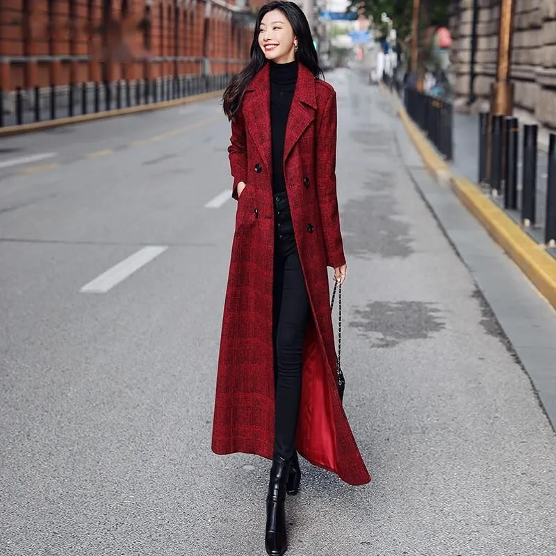 Long Plaid Wool Trench Coat