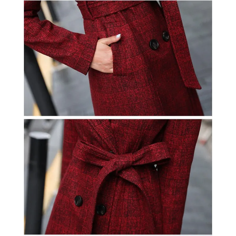 Long Plaid Wool Trench Coat