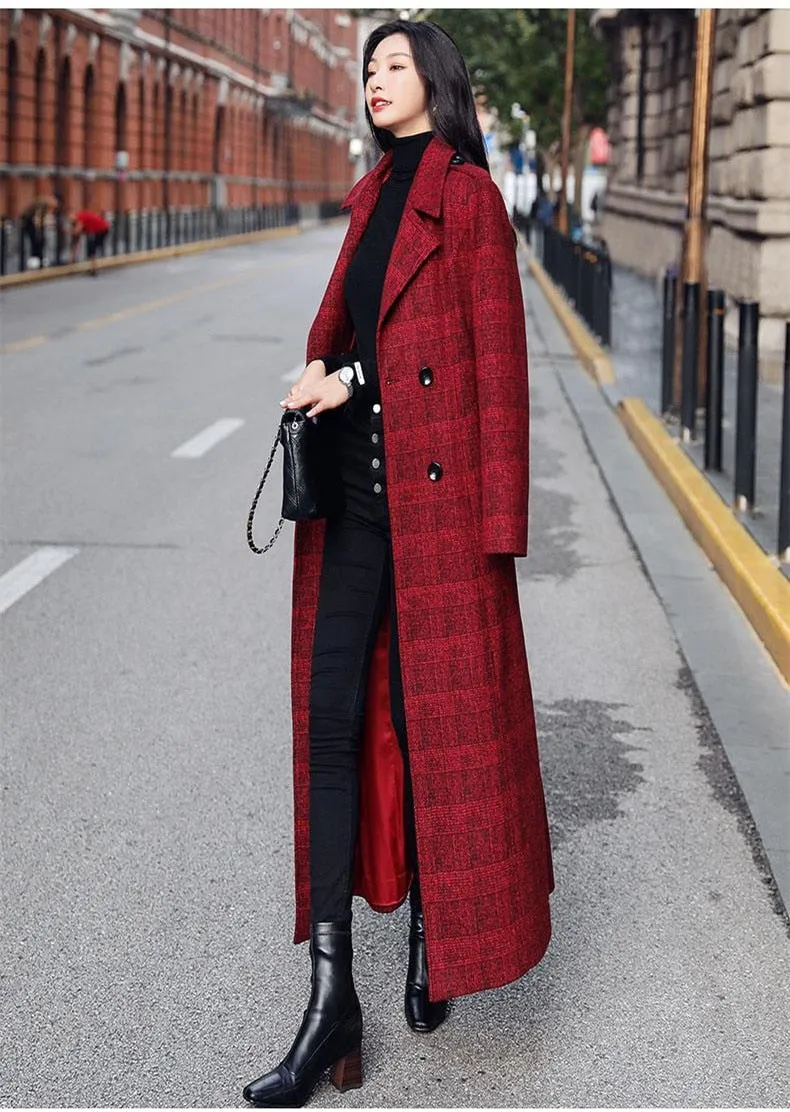 Long Plaid Wool Trench Coat