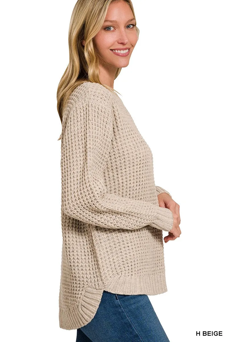 Malibu hi-lo round neck waffle sweater tw-2416y heathered beige