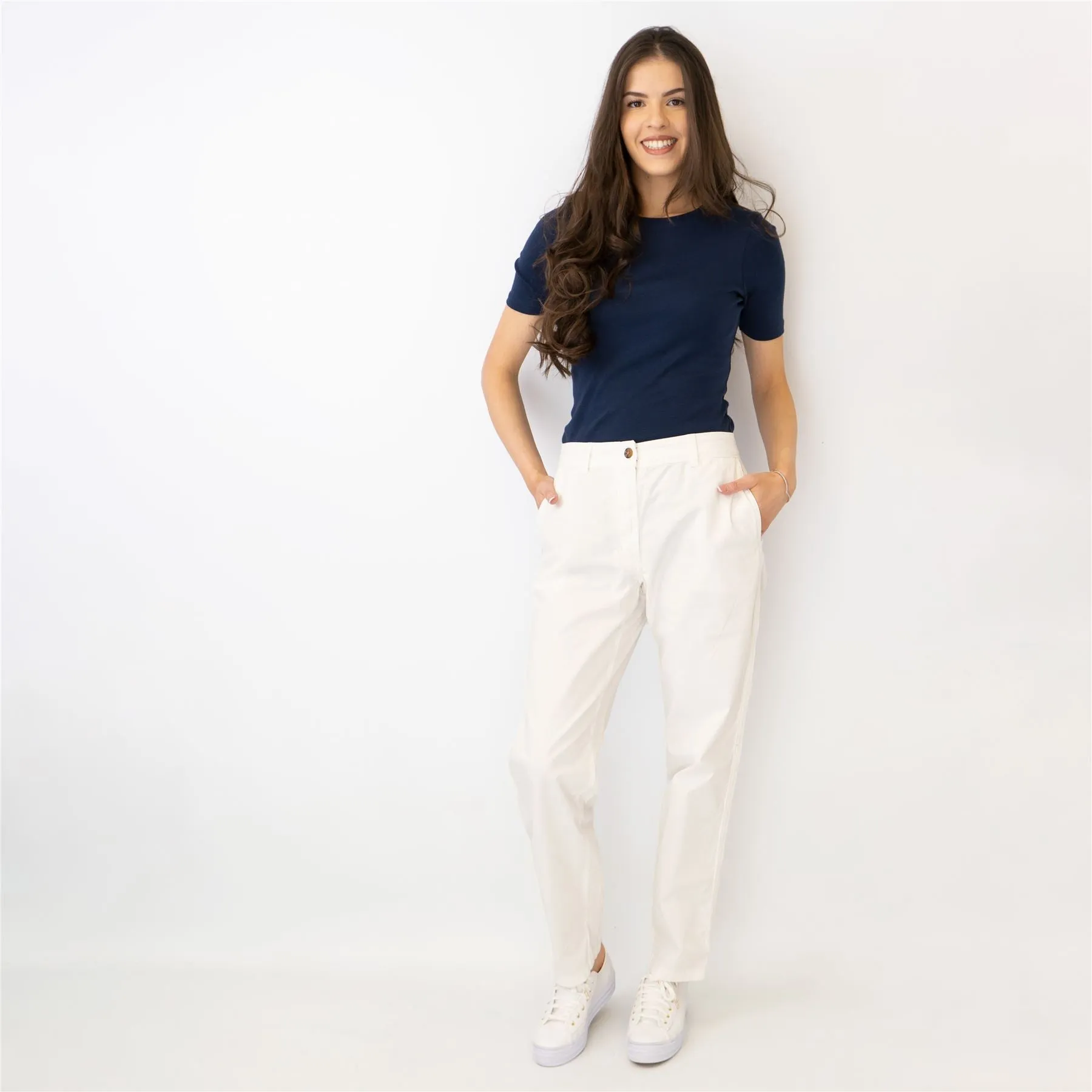 M&S Cotton Rich Tapered Leg Ankle Grazer White Stretch Cotton Chino Trousers