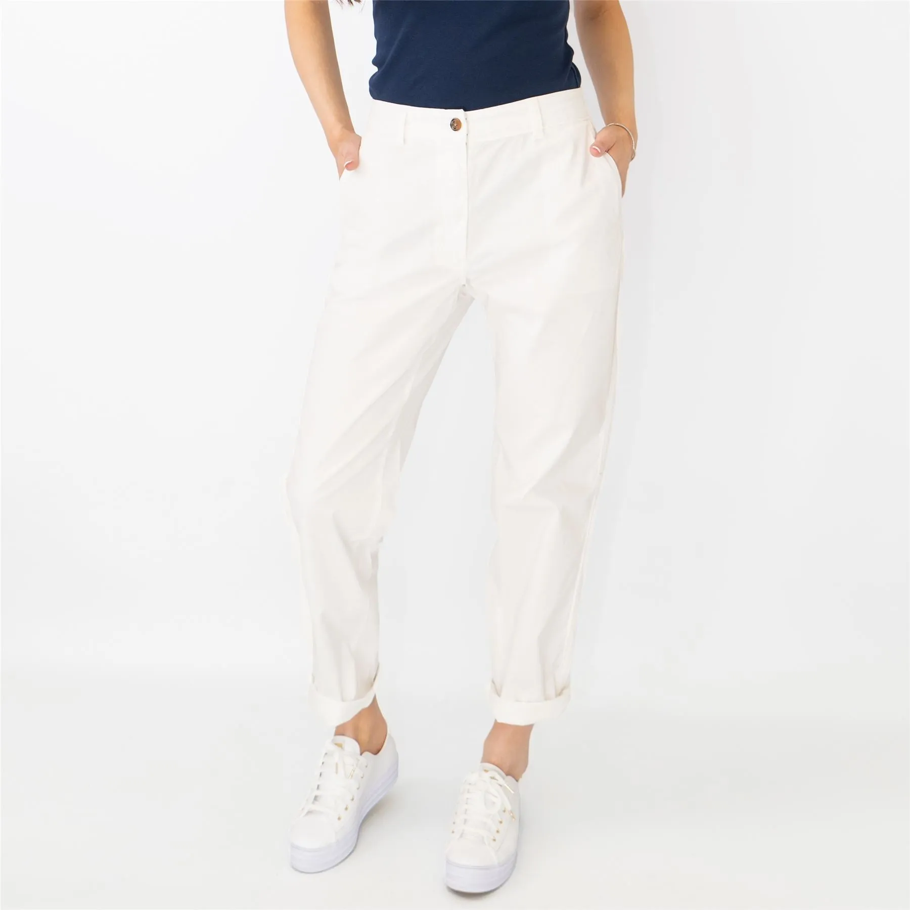 M&S Cotton Rich Tapered Leg Ankle Grazer White Stretch Cotton Chino Trousers