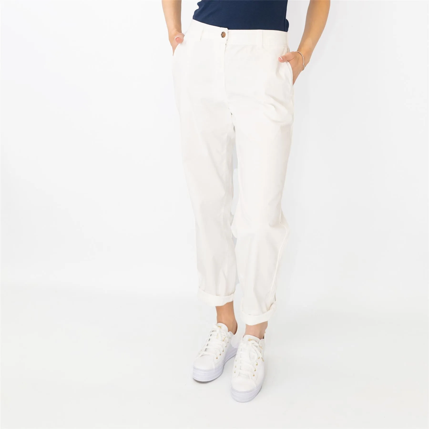 M&S Cotton Rich Tapered Leg Ankle Grazer White Stretch Cotton Chino Trousers