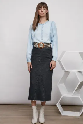 MDRN Zaria Denim Midi Skirt.