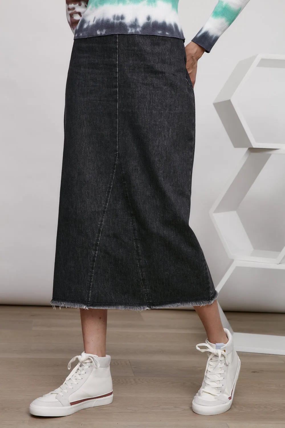 MDRN Zaria Denim Midi Skirt.