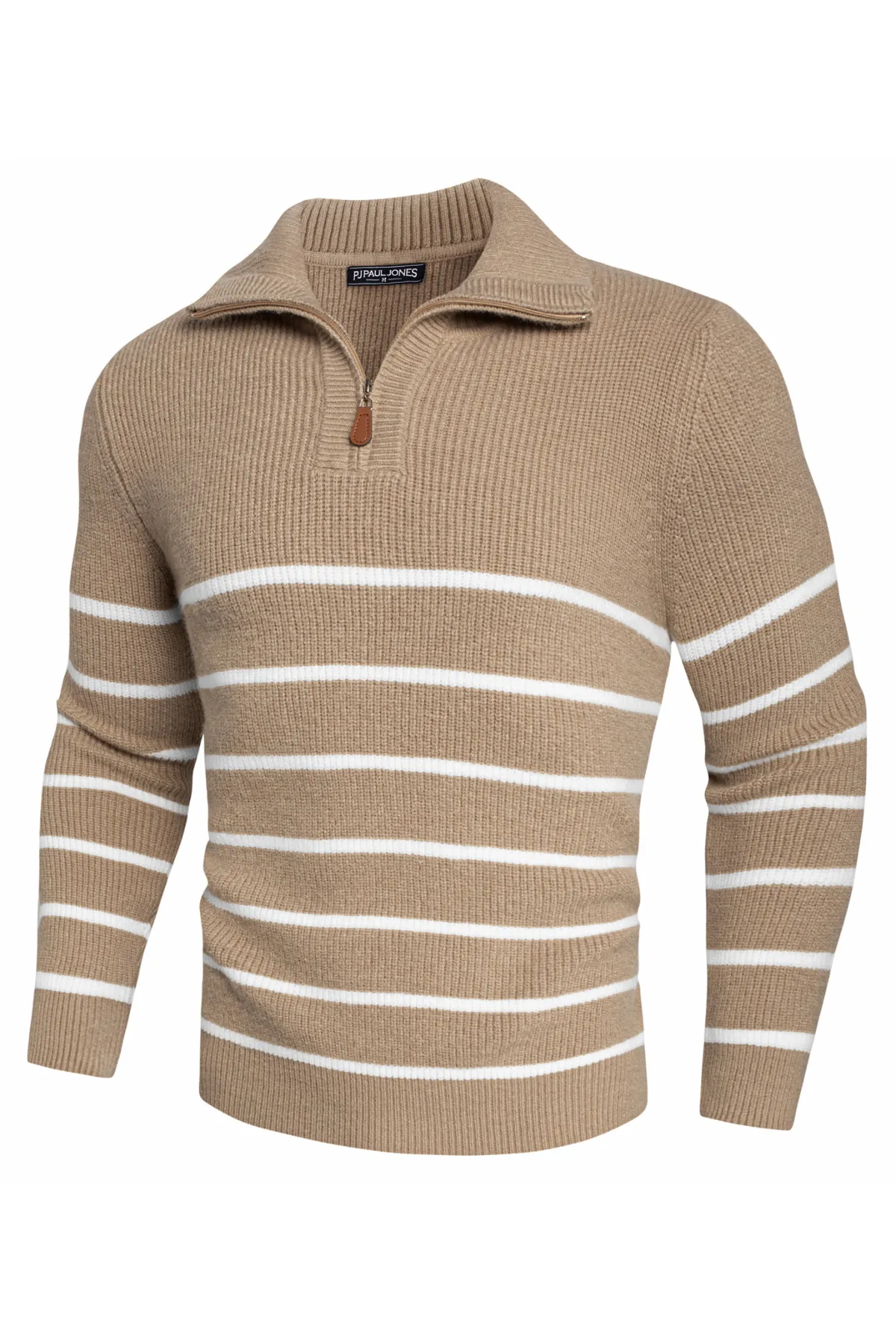 Men Striped Sweater Long Sleeve Lapel Collar Zip-up Neck Pullover