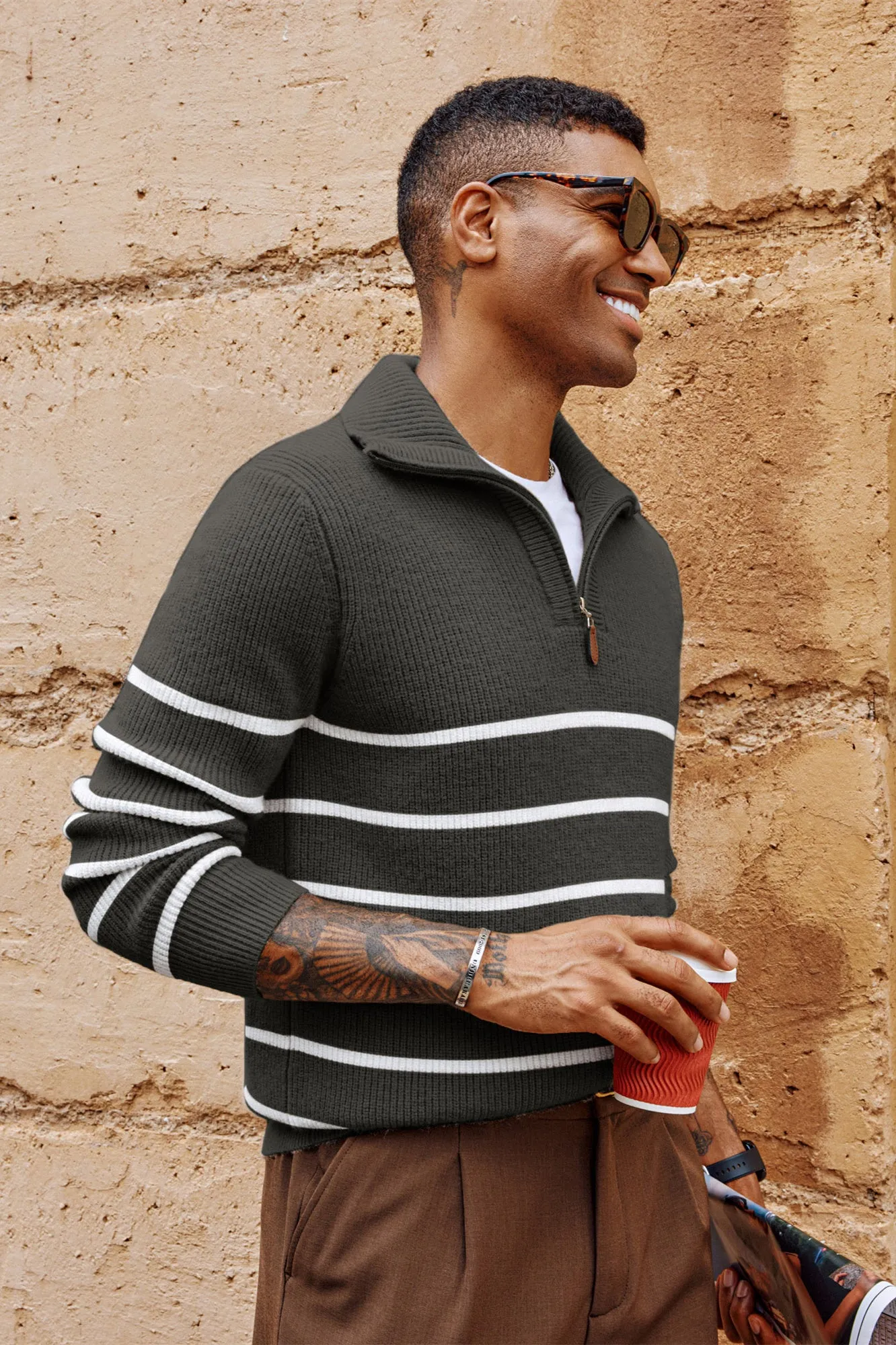 Men Striped Sweater Long Sleeve Lapel Collar Zip-up Neck Pullover