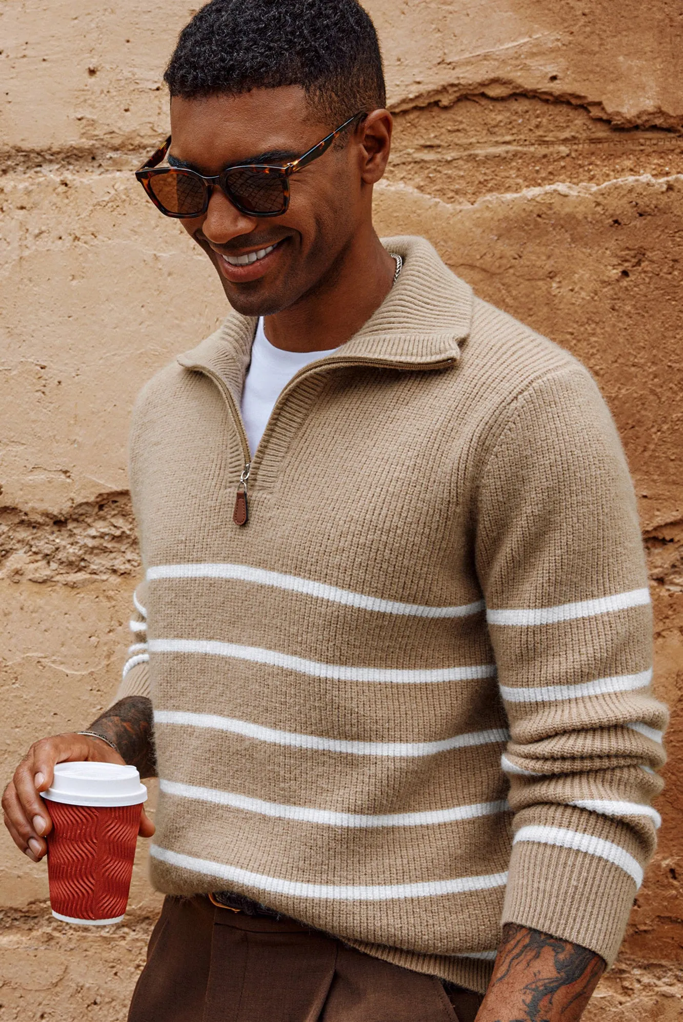 Men Striped Sweater Long Sleeve Lapel Collar Zip-up Neck Pullover