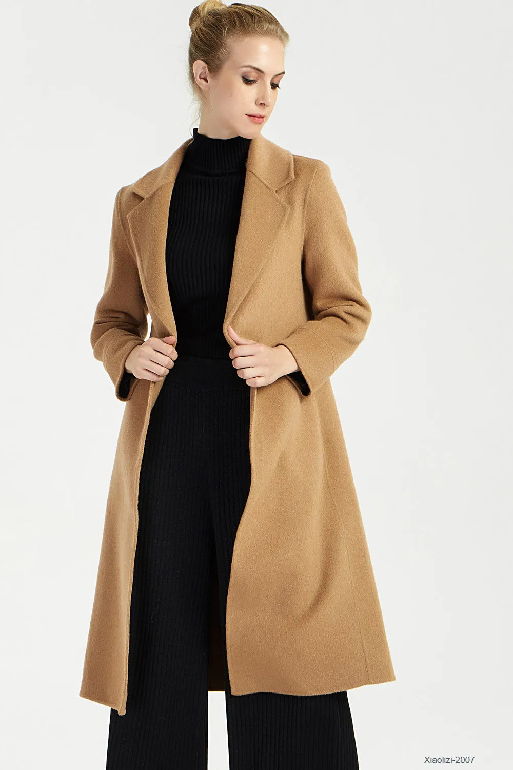 minimalist camel long trench coat with pockets 2007