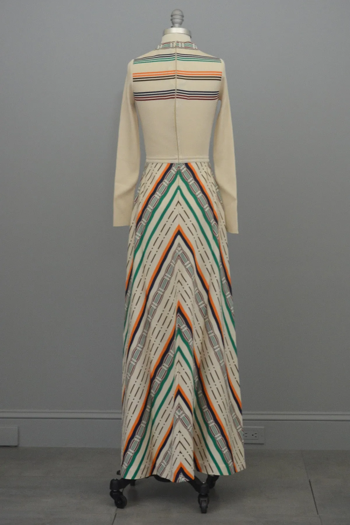 MOD Vintage 1970s Cream Chevron Stripes A-Line Maxi Knit Dress by Crissa Made in Italy