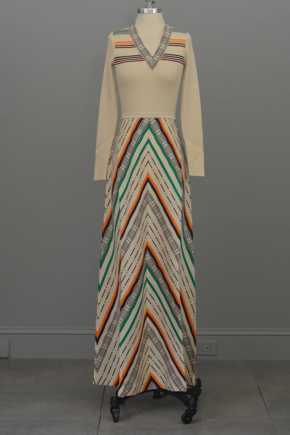 MOD Vintage 1970s Cream Chevron Stripes A-Line Maxi Knit Dress by Crissa Made in Italy