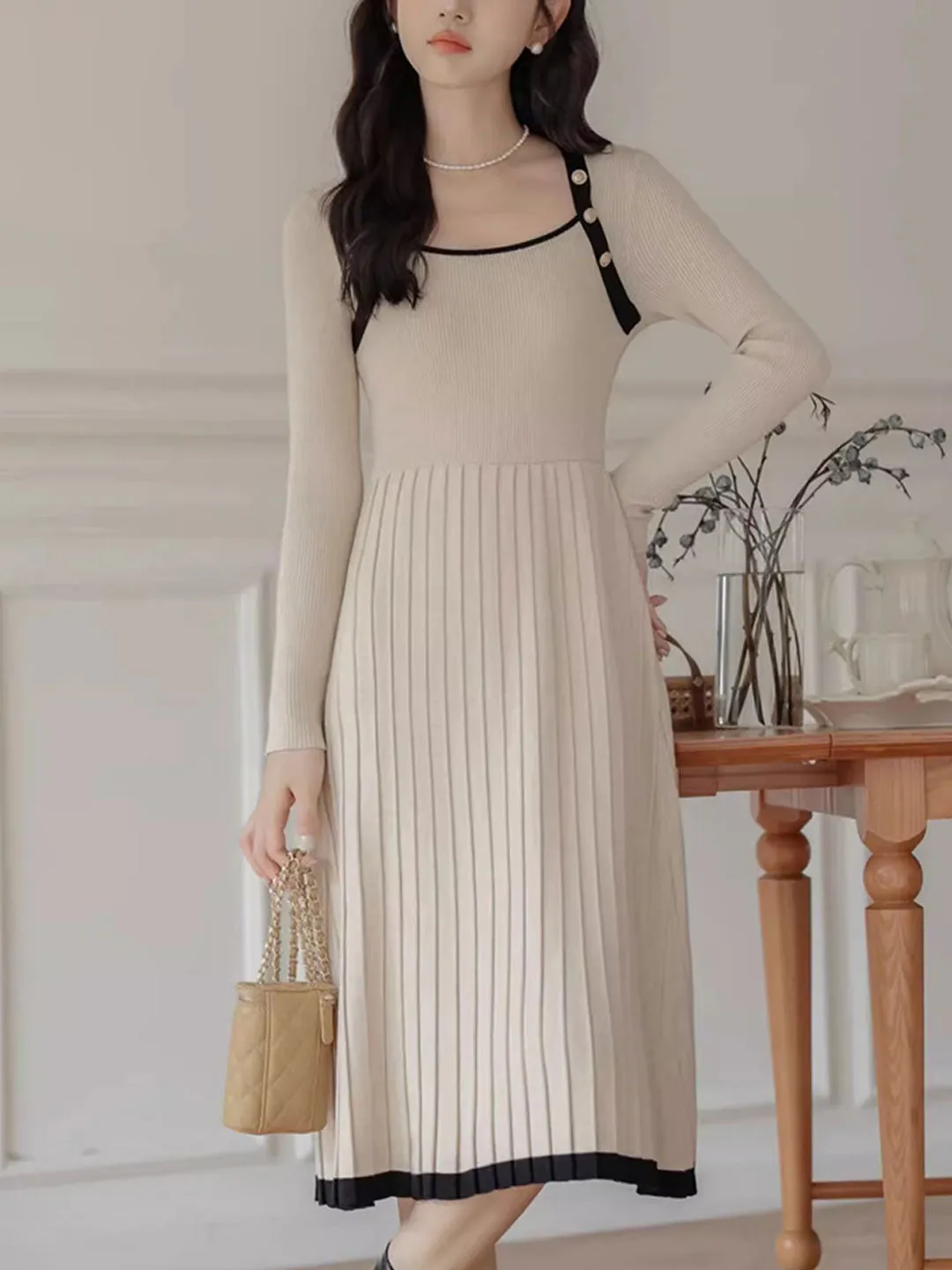 Natalie Contrasting Color Pleated Knitted Sweater Dress