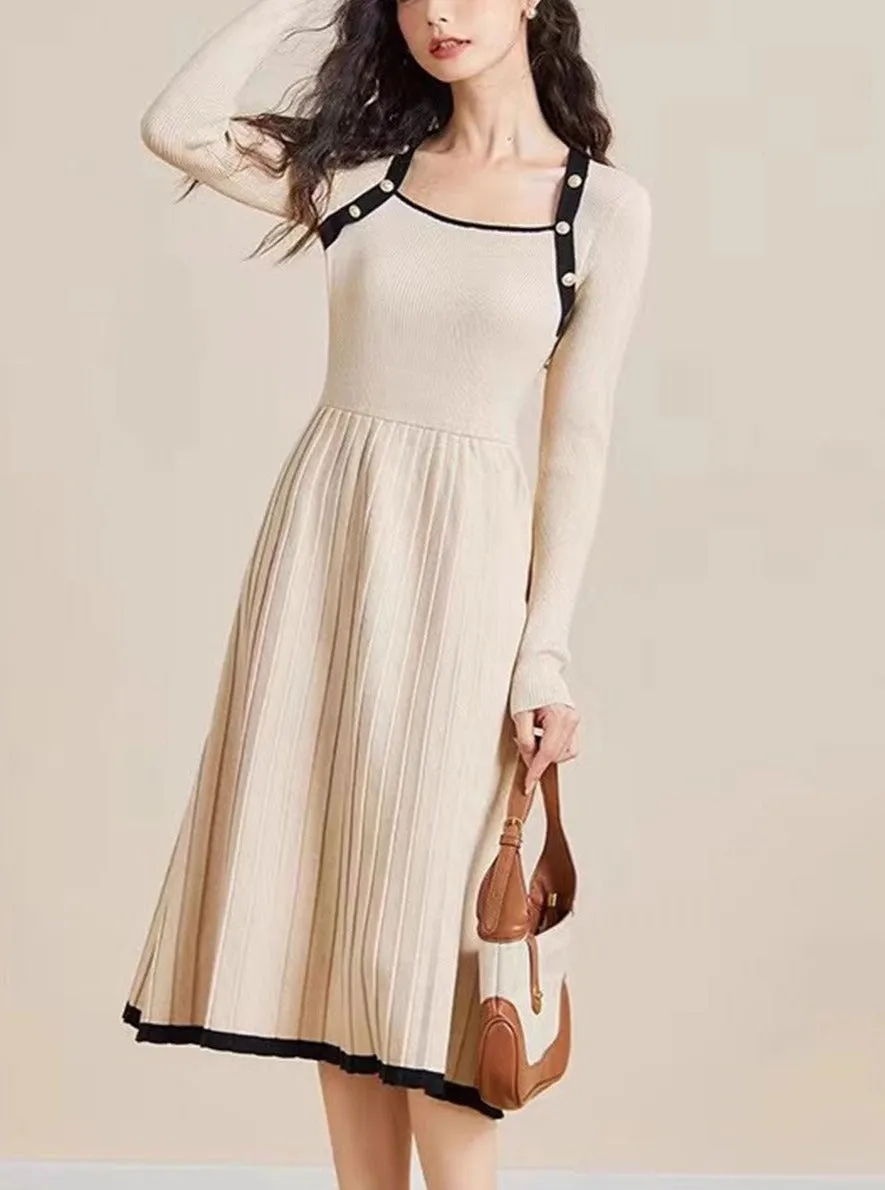 Natalie Contrasting Color Pleated Knitted Sweater Dress