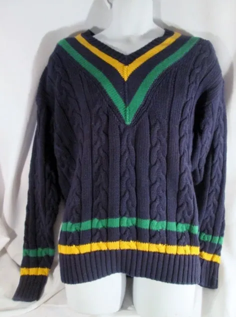 NEW NWT Mens GAP Cotton Knit V neck Ski Holiday SWEATER L Blue Green Yellow Stripe Prep