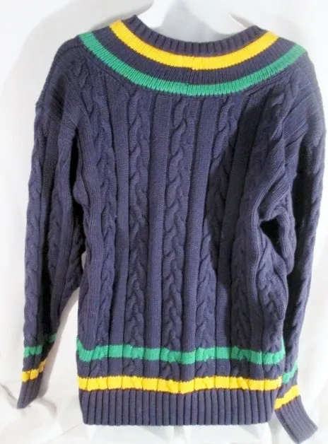 NEW NWT Mens GAP Cotton Knit V neck Ski Holiday SWEATER L Blue Green Yellow Stripe Prep