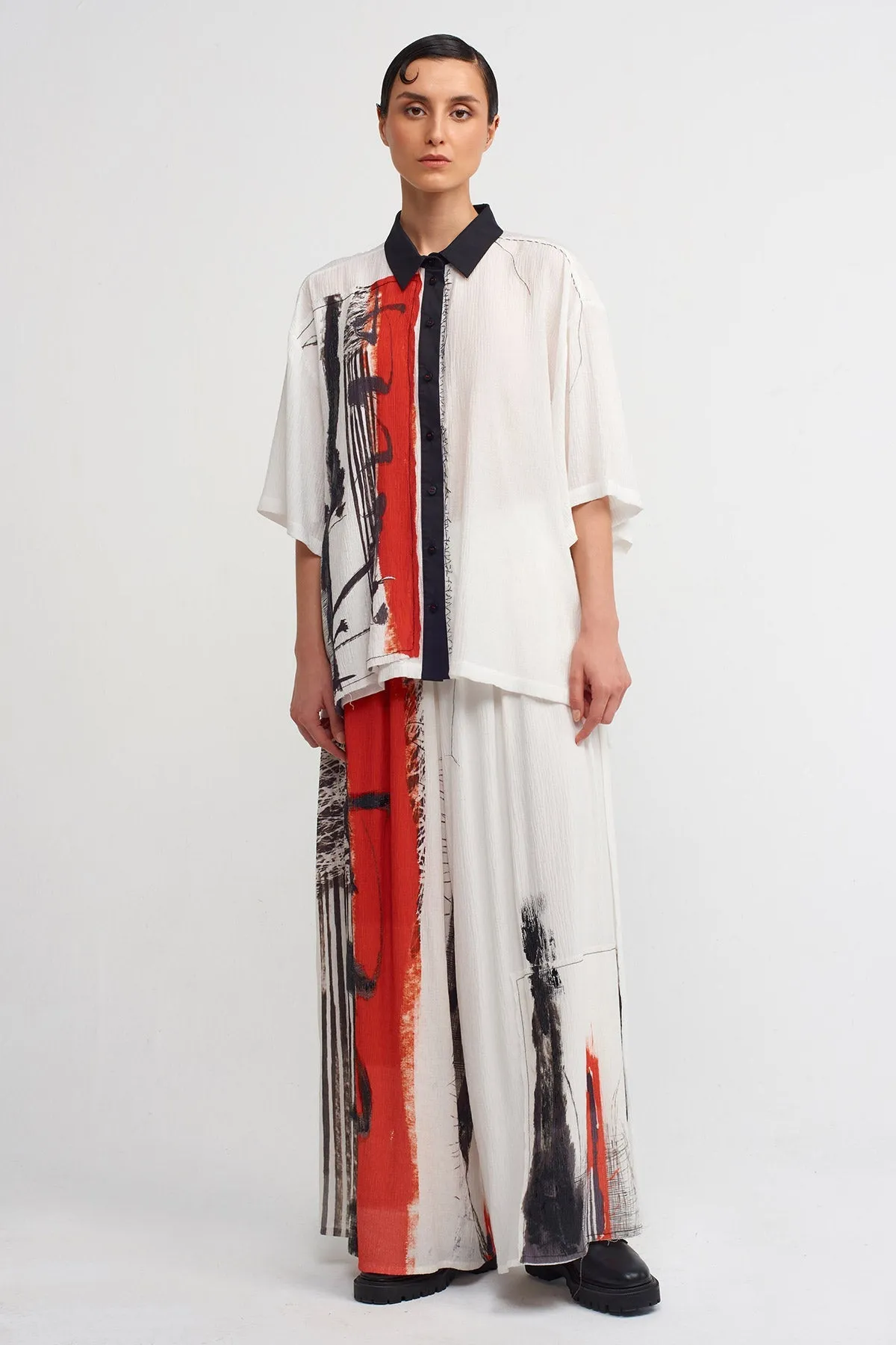 Nu Pattern-Printed Wide-Leg Pants Off White/Black