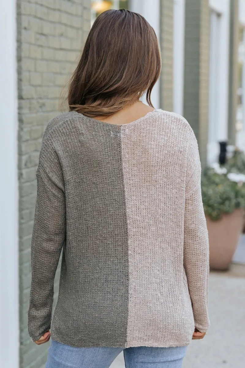 Olive Color Block V Neck Sweater - FINAL SALE